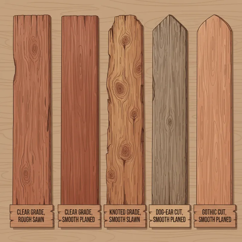 A comparative layout showing six distinct types of cedar fence pickets side-by-side, highlighting differences in grade, cut, and finish. Each picket i