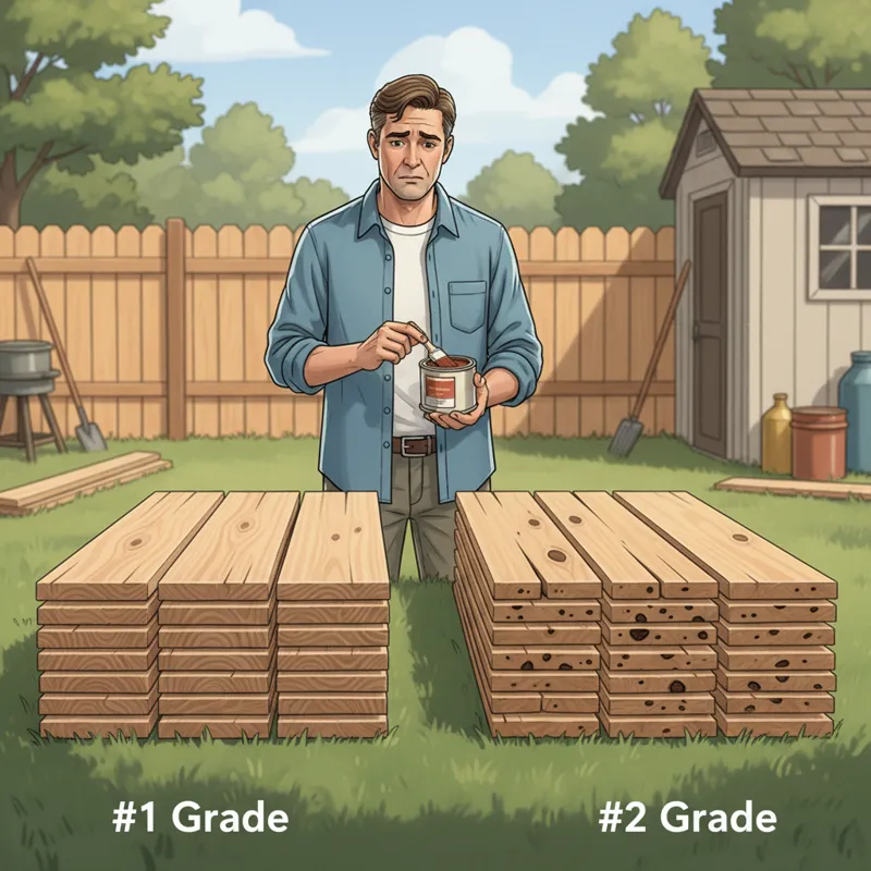 A homeowner looking confusedly at two stacks of cedar pickets, one clearly #1 grade and the other #2 grade, with subtle differences like knot count an