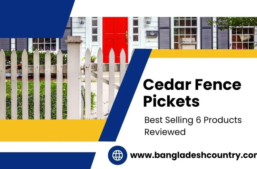 Text overlay 'Cedar Fence Pickets: Best Selling 6 Products Reviewed' on an image featuring a white picket fence with a red-doored house and green lawn in the background.