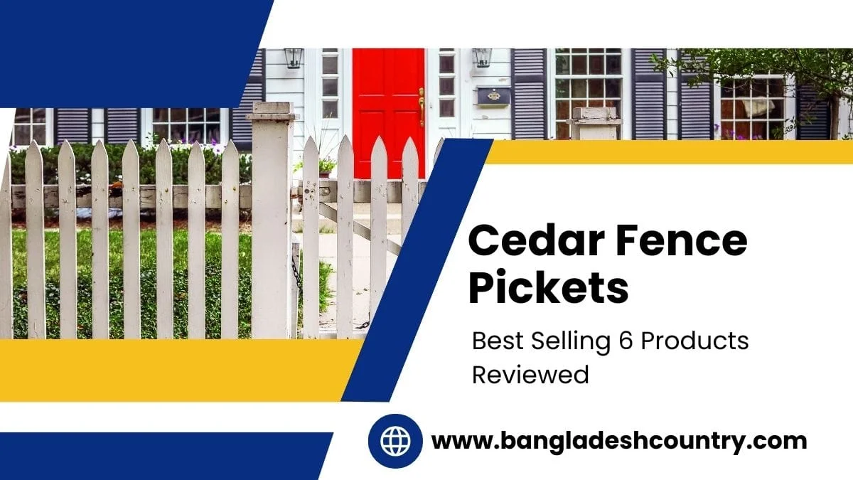 Text overlay 'Cedar Fence Pickets: Best Selling 6 Products Reviewed' on an image featuring a white picket fence with a red-doored house and green lawn in the background.