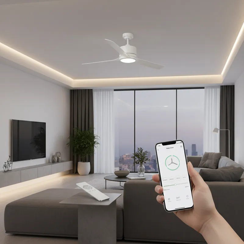 A sleek, modern living room with a minimalist ceiling fan controlled by a remote, possibly showing a smartphone screen with smart home app.