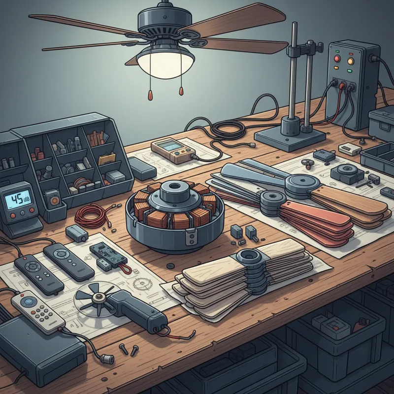 A workbench with various ceiling fan components, remote controls, and testing equipment like a decibel meter and anemometer.