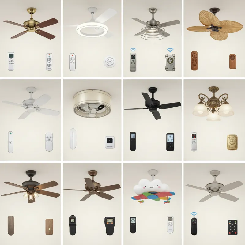 A collage of 12 diverse ceiling fans, each representing a different style or feature, with a remote control prominently displayed for each.