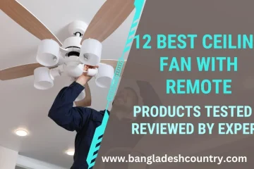 A man installs a modern white ceiling fan with light wood-grain blades and six white light fixtures on a white ceiling, overlaid with text '12 BEST CEILING FAN WITH REMOTE' and 'PRODUCTS TESTED & REVIEWED BY EXPERT'.