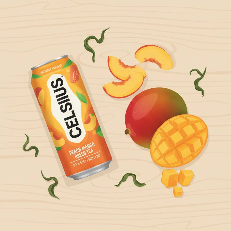 A clean, flat-lay image showing a can of Celsius Peach Mango Green Tea next to fresh peach slices, a mango, and loose green tea leaves on a light wood
