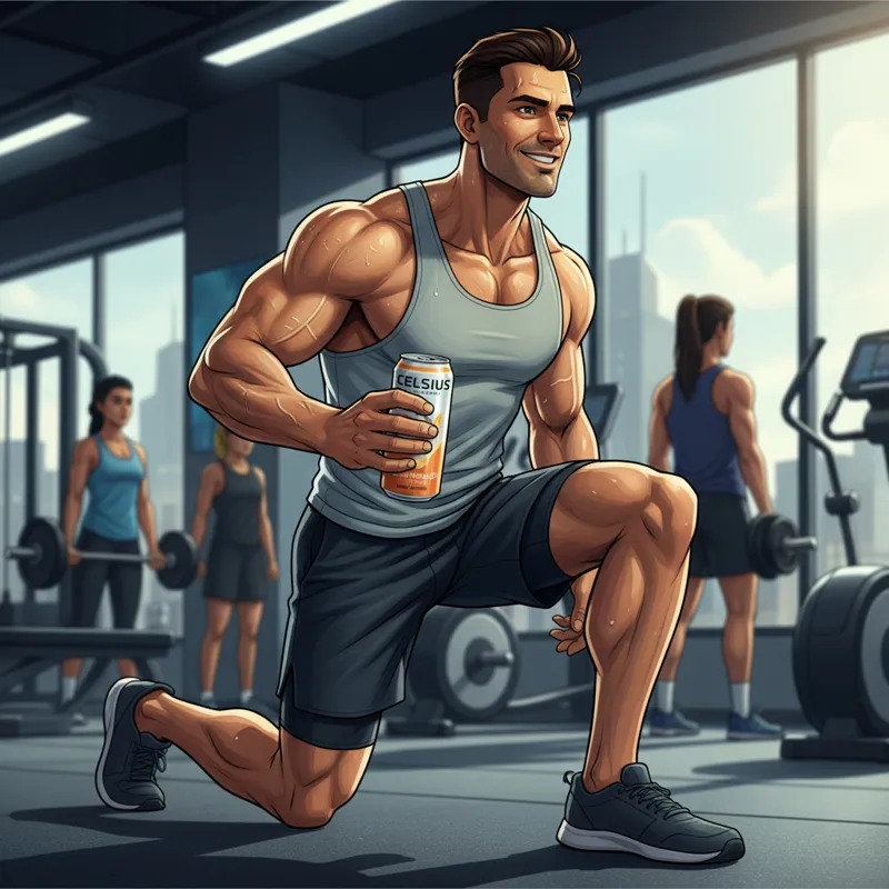 A dynamic action shot of a person in workout gear at a gym, holding a can of Celsius Peach Mango Green Tea, looking energized and focused.