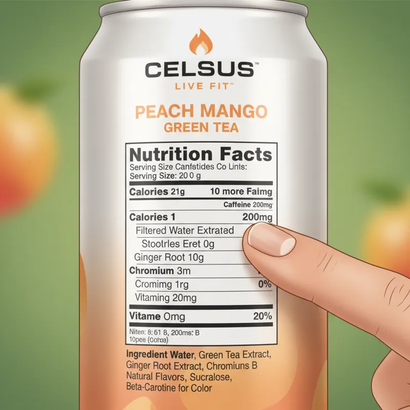A close-up shot of the nutrition label and ingredient list on a can of Celsius Peach Mango Green Tea, with a finger pointing to the 200mg caffeine con
