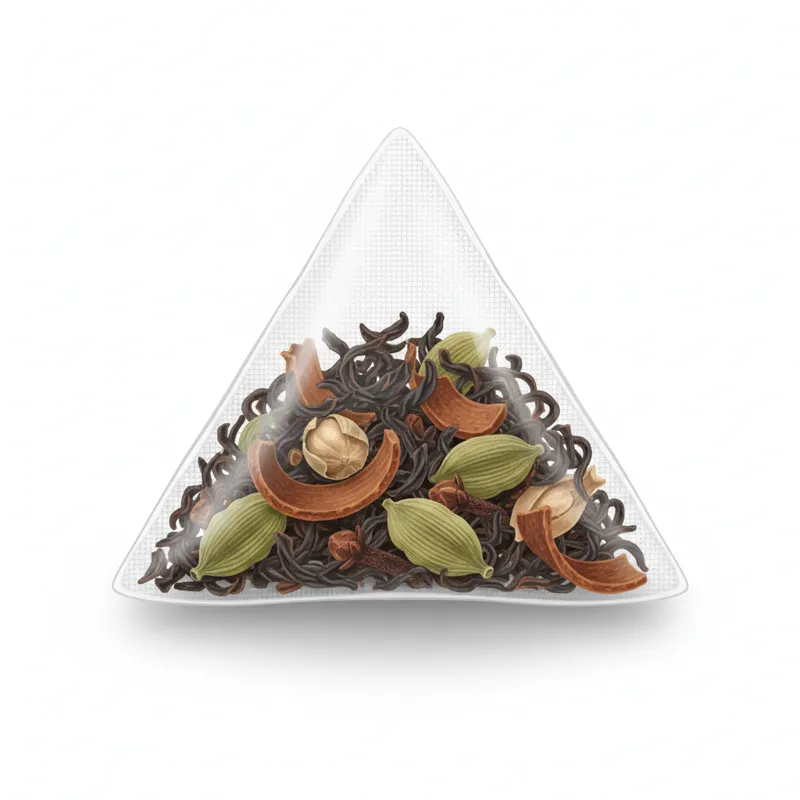 A close-up, top-down shot of a transparent pyramid tea sachet filled with visible black tea leaves, cinnamon bark pieces, cardamom pods, and cloves, r