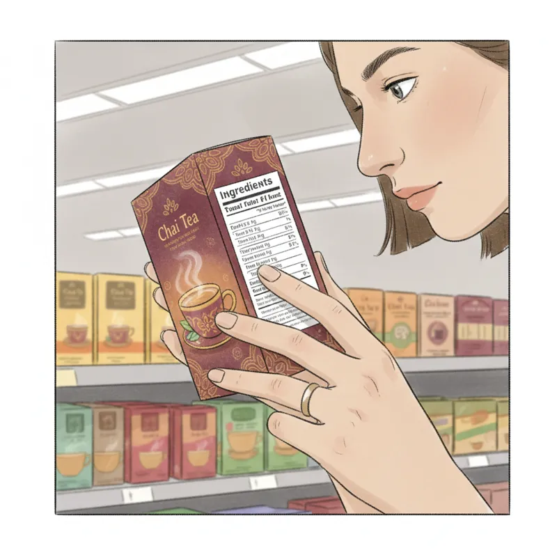 A person's hand holding a box of chai tea, closely examining the ingredients list on the side panel in a brightly lit grocery store tea aisle.