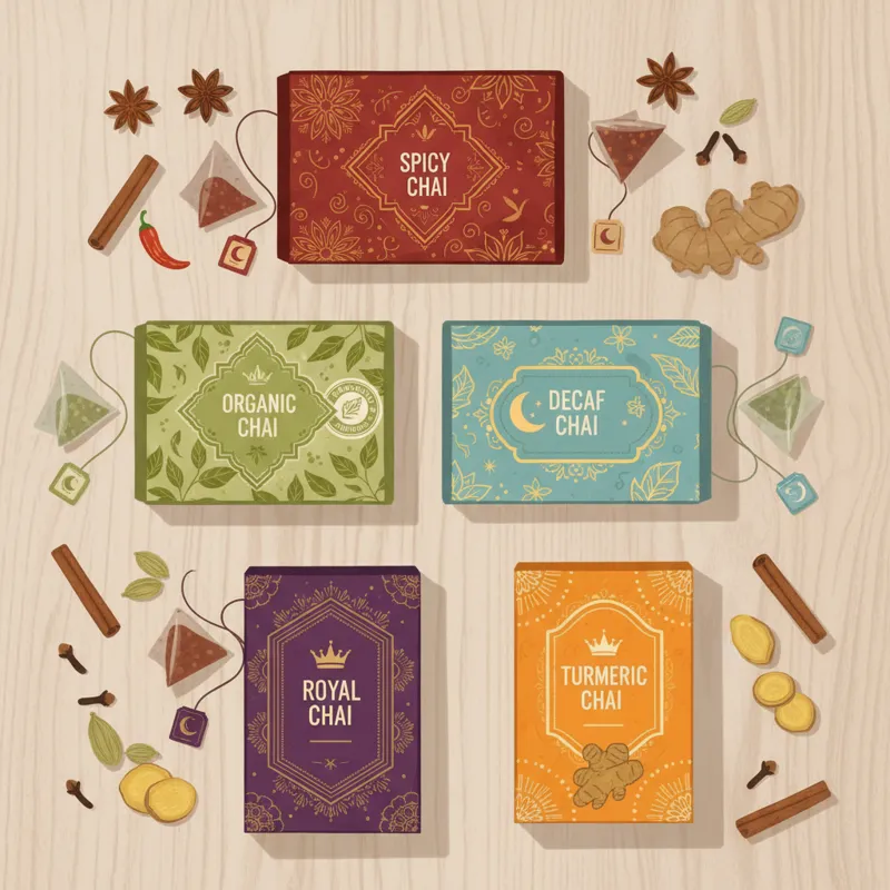 An artfully arranged flat-lay of five different branded chai tea boxes, each representing a category like'Spicy,''Organic,''Decaf,' with a few tea