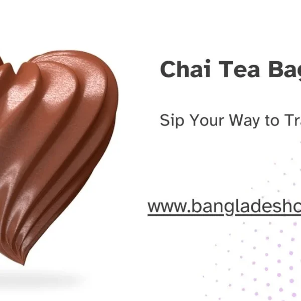 Promotional graphic for Chai Tea Bags from bangladeshcountry.com, featuring a rich, brown, swirled heart shape next to the tagline 'Sip Your Way to Tranquility'.