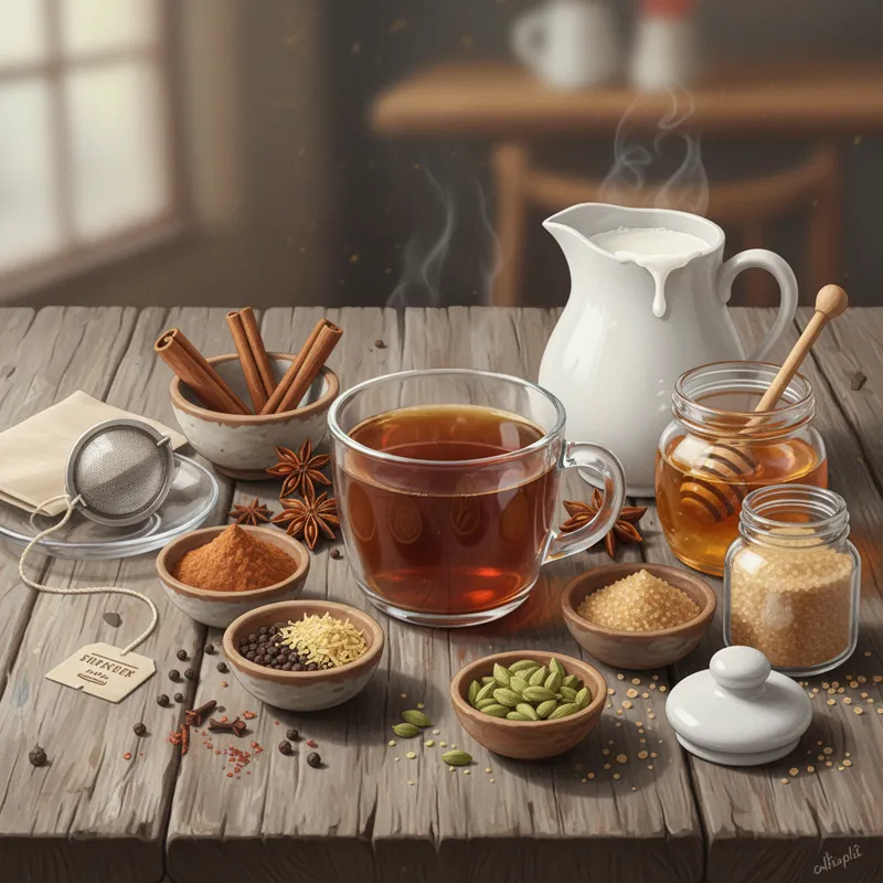 A deconstructed chai tea latte with small bowls of spices (cinnamon, cloves, cardamom), a tea bag, a pitcher of milk, and a jar of honey or sugar arra