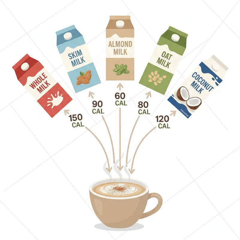 An infographic showing six different types of milk cartons (whole, skim, almond, soy, oat, coconut) with arrows pointing to a single chai latte, each