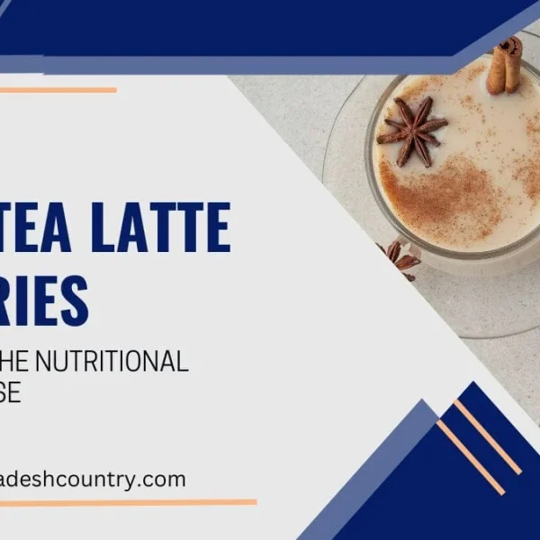 A promotional graphic about chai tea latte calories, featuring an overhead view of two glass mugs of creamy chai latte garnished with star anise and cinnamon, alongside raw spices like ginger and cardamom.