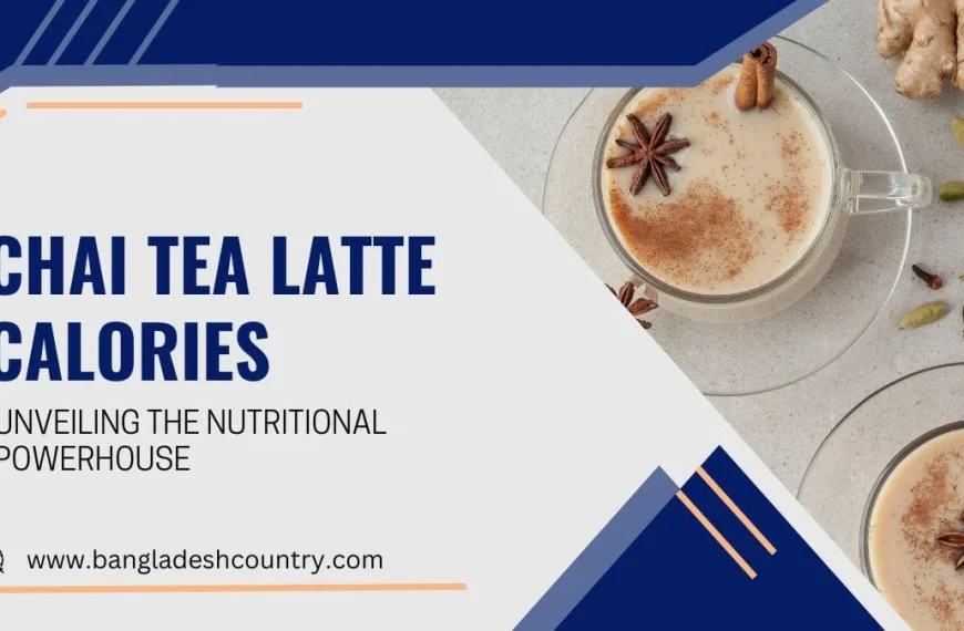 A promotional graphic about chai tea latte calories, featuring an overhead view of two glass mugs of creamy chai latte garnished with star anise and cinnamon, alongside raw spices like ginger and cardamom.