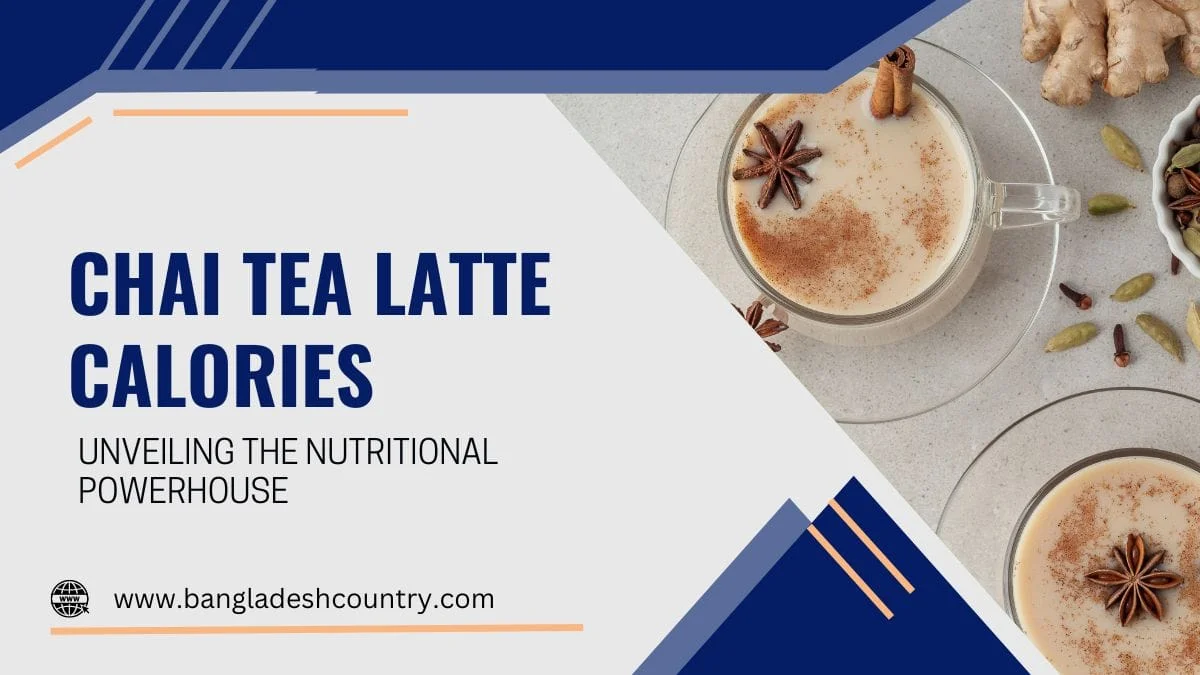 A promotional graphic about chai tea latte calories, featuring an overhead view of two glass mugs of creamy chai latte garnished with star anise and cinnamon, alongside raw spices like ginger and cardamom.