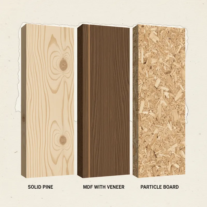 A collage showing different types of wood construction: solid pine, MDF with veneer, and particle board, with labels identifying each.