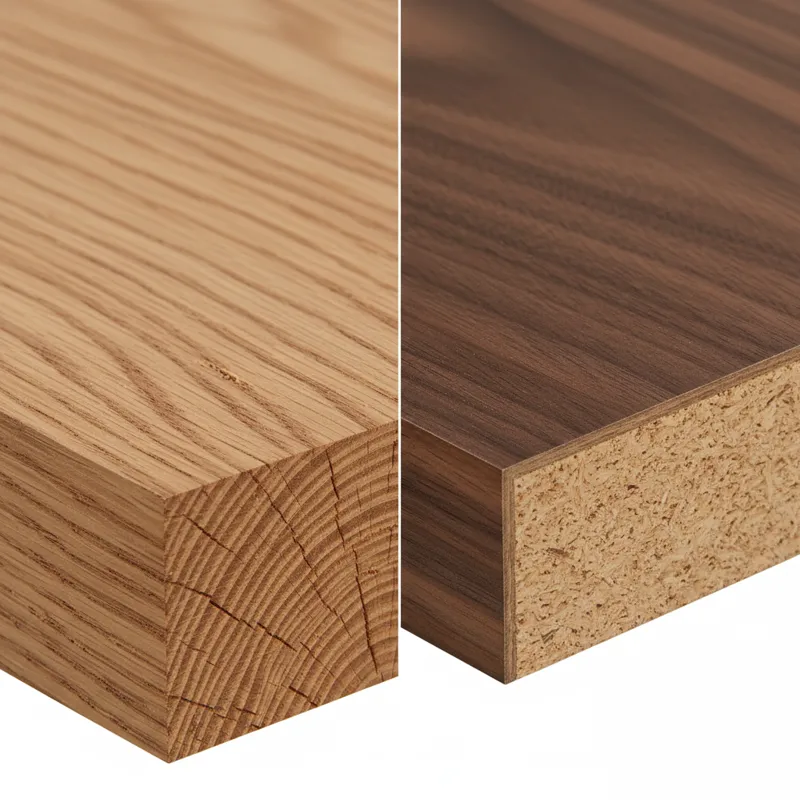 Close-up comparison of a solid wood edge grain vs. a veneered edge, highlighting the differences in texture and pattern.