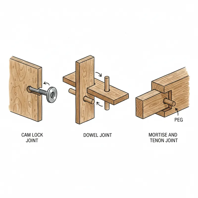 Diagrams illustrating different joinery types: cam lock, dowel, and a more robust mortise and tenon joint, with labels and brief explanations.