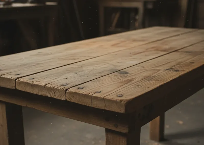 Cheap wood table with a simple, rustic design, light natural wood finish, visible grain, suitable for small spaces or budget dining.