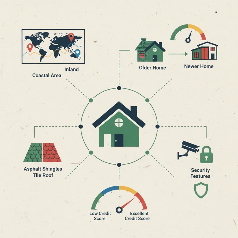 A detailed infographic illustrating various factors influencing home insurance rates, such as location on a map, age of home, type of roof, security c