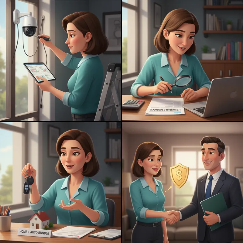 A homeowner actively implementing various cost-saving strategies: installing a smart security system, reviewing a policy document, bundling insurance