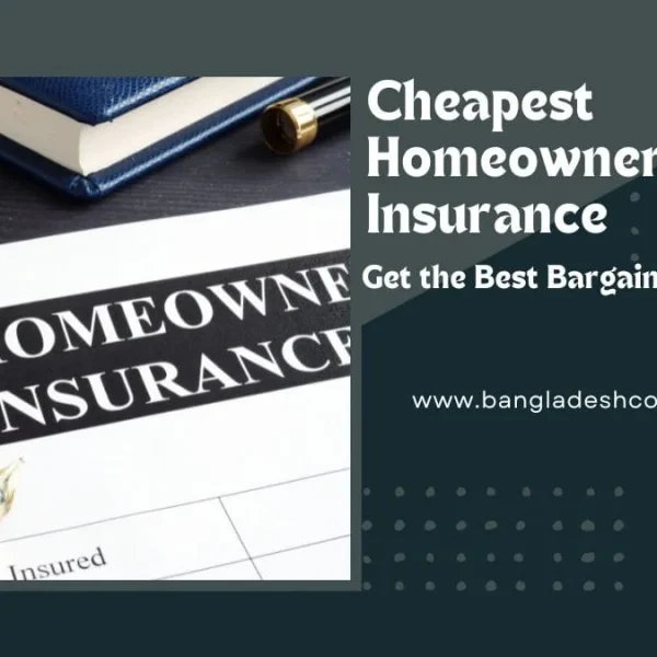 A visual advertisement for 'Cheapest Homeowners Insurance' featuring a document titled 'HOMEOWNERS INSURANCE' with a pen, a wooden house icon, and a blue book on the left, against a dark teal background with the text 'Cheapest Homeowners Insurance', 'Get the Best Bargain Now!', and 'www.bangladeshcountry.com' on the right.