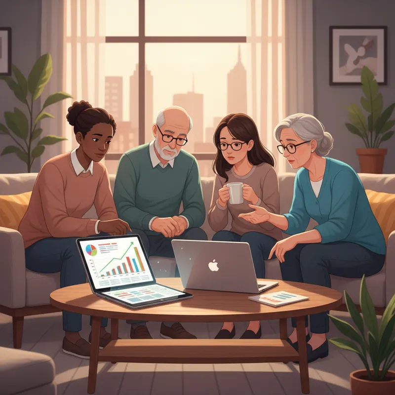 A diverse group of people, some young, some older, looking thoughtfully at a tablet or laptop screen, comparing different insurance policy options wit