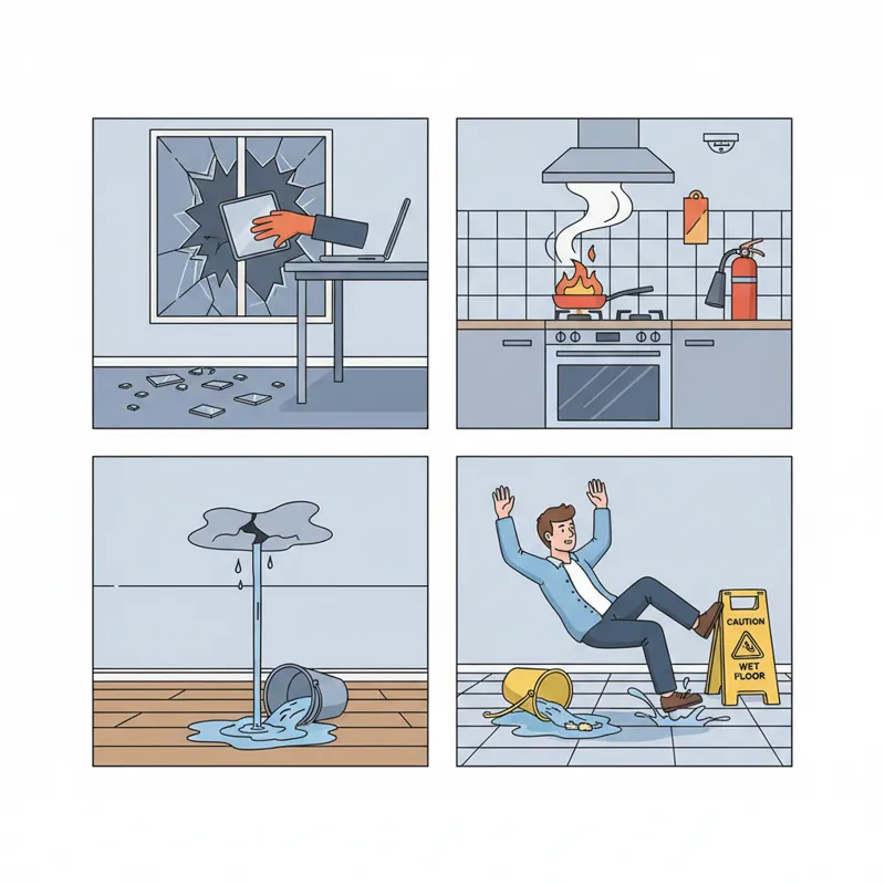 A graphic illustrating different types of risks for renters, such as a broken window (theft), a small fire in a kitchen, a water leak from an upstairs