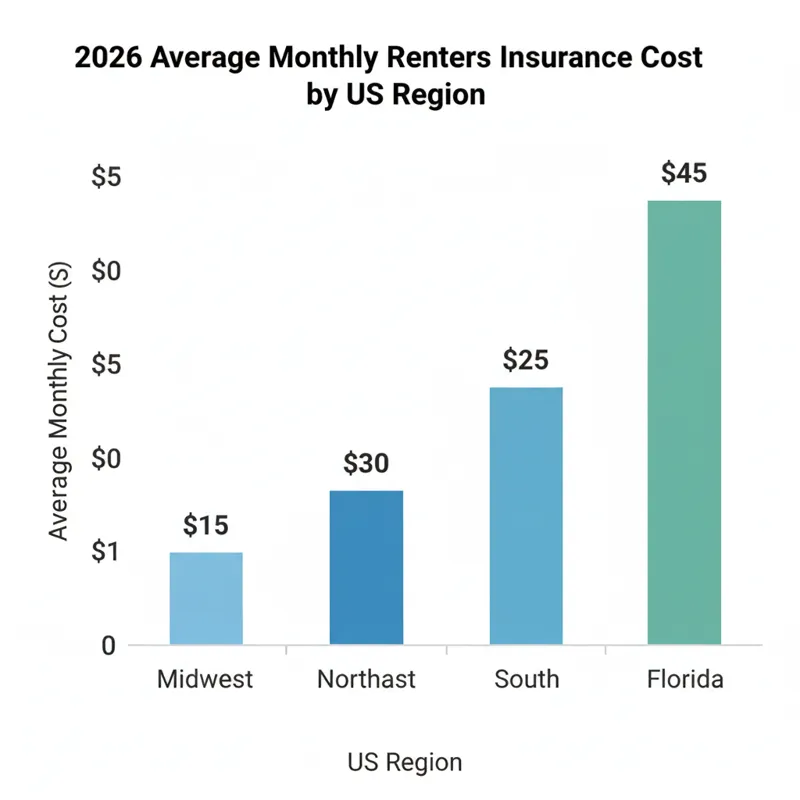 A bar chart showing average monthly renters insurance costs across different US states or regions for 2026, with clear labels and a dollar sign for va