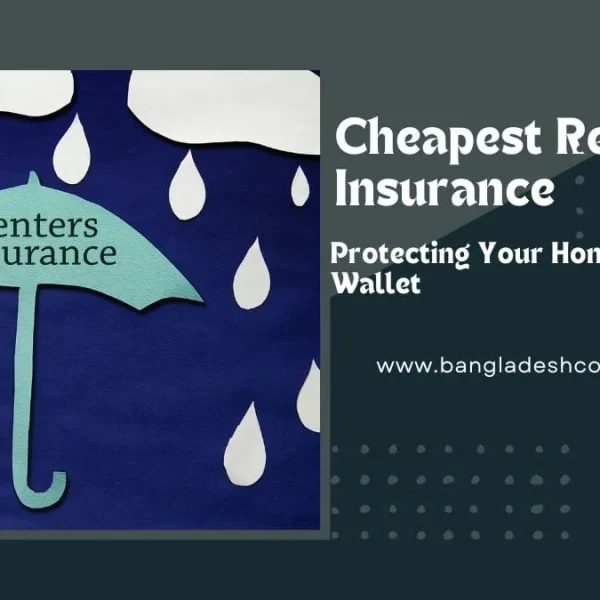 An image promoting affordable renters insurance featuring an umbrella labeled 'Renters Insurance' shielding a house from rain, next to text 'Cheapest Renters Insurance: Protecting Your Home and Wallet' and the website www.bangladeshcountry.com.