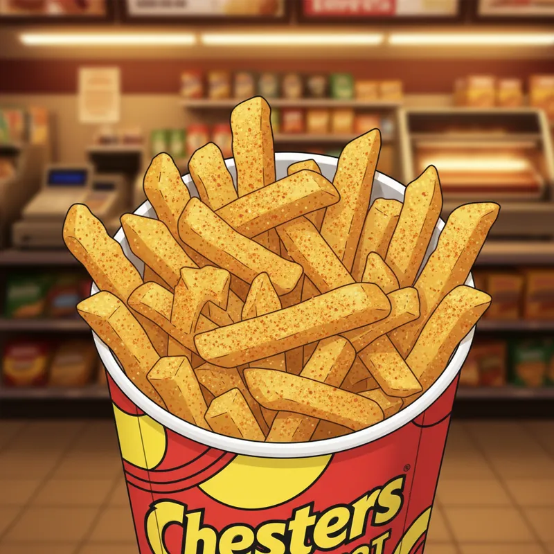 A close-up, high-angle shot of a classic red and yellow Chesters Hot Fries cup overflowing with golden, crinkle-cut fries, visibly coated in red spice