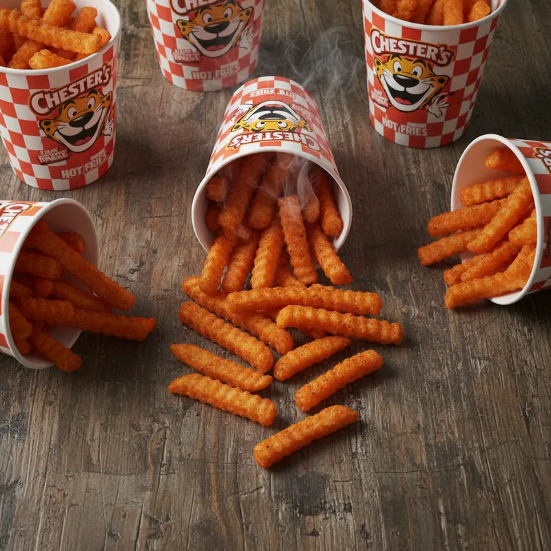 A vibrant, dynamic overhead shot of several Chesters Hot Fries cups arranged on a dark, rustic wooden table. One cup is slightly tilted, spilling a fe
