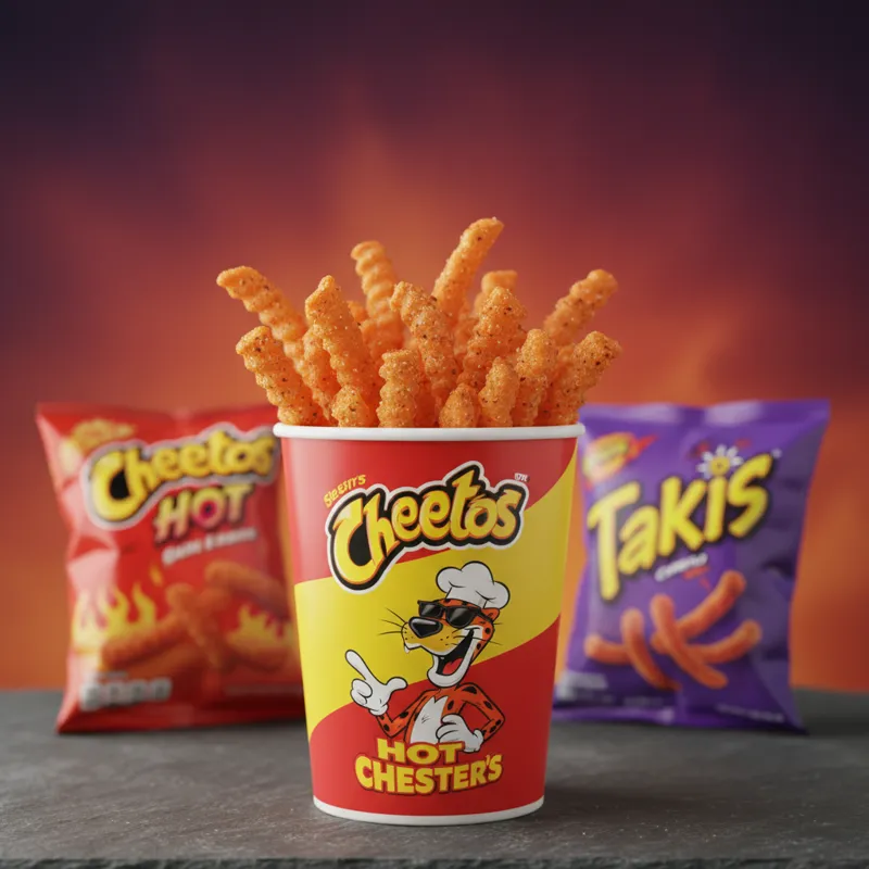 A comparison shot featuring a Chesters Hot Fries cup prominently, with two other popular spicy snack bags (like Flamin' Hot Cheetos and Takis) blurred