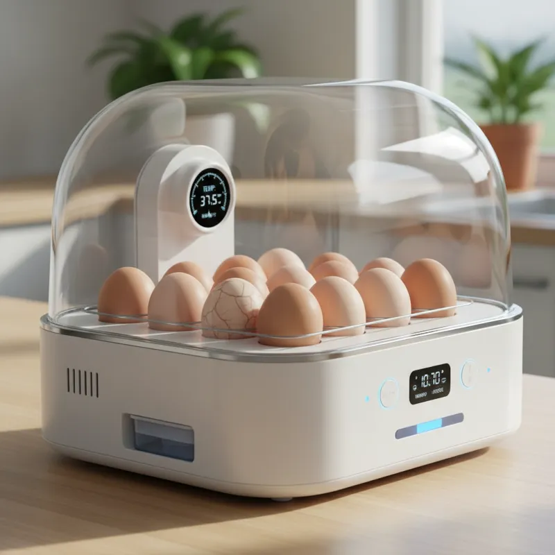 A sleek, modern digital chicken egg incubator with a clear viewing window, showing several chicken eggs inside, possibly with a small thermometer/hygr