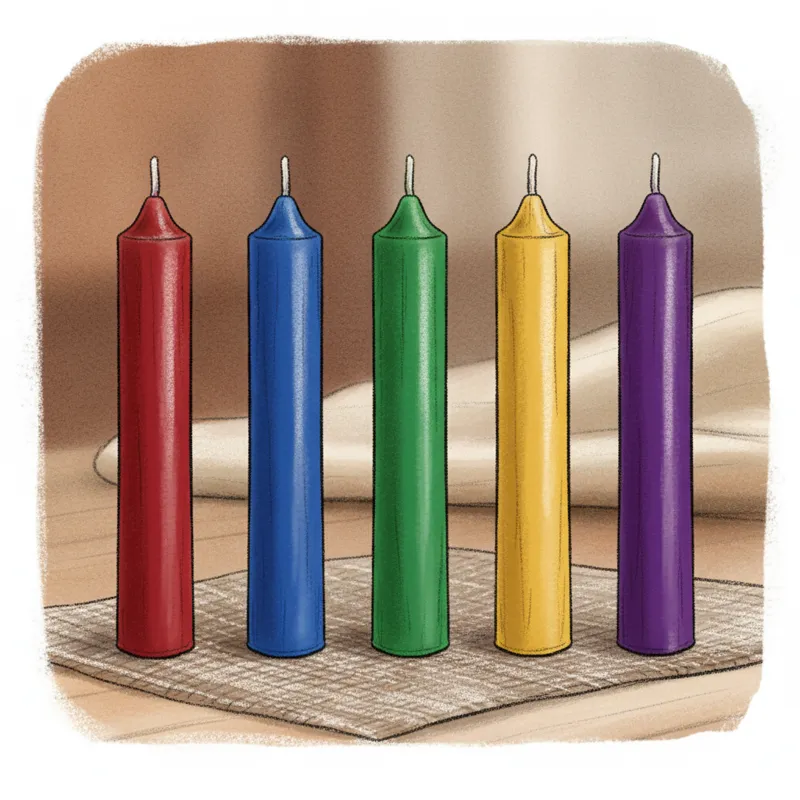 A detailed close-up shot of several unlit chime candles in various vibrant colors (red, blue, green, yellow, purple) standing upright, showcasing thei