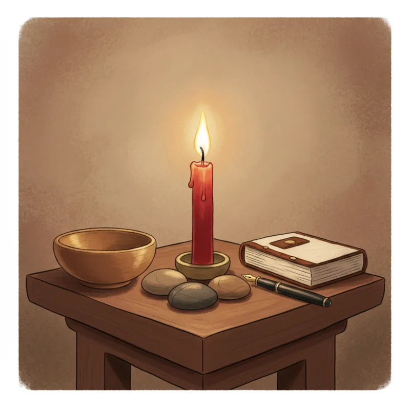 A warm, inviting scene featuring a single lit red chime candle burning steadily on a small, dark wooden altar or shelf. Nearby are a few smooth river
