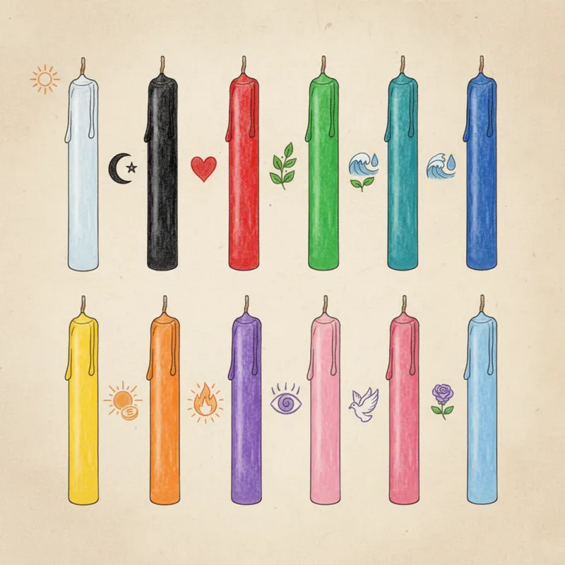 A diverse array of chime candles, each a different color (e.g., white, black, red, green, blue, yellow, orange, purple, pink), arranged neatly in a gr