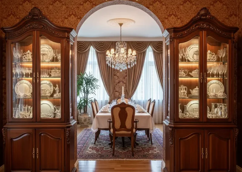 Elegant dark wood china cabinet in a traditional dining room setting, featuring glass display doors for fine china and lower cabinets for storage. Ideal for organizing dinnerware.