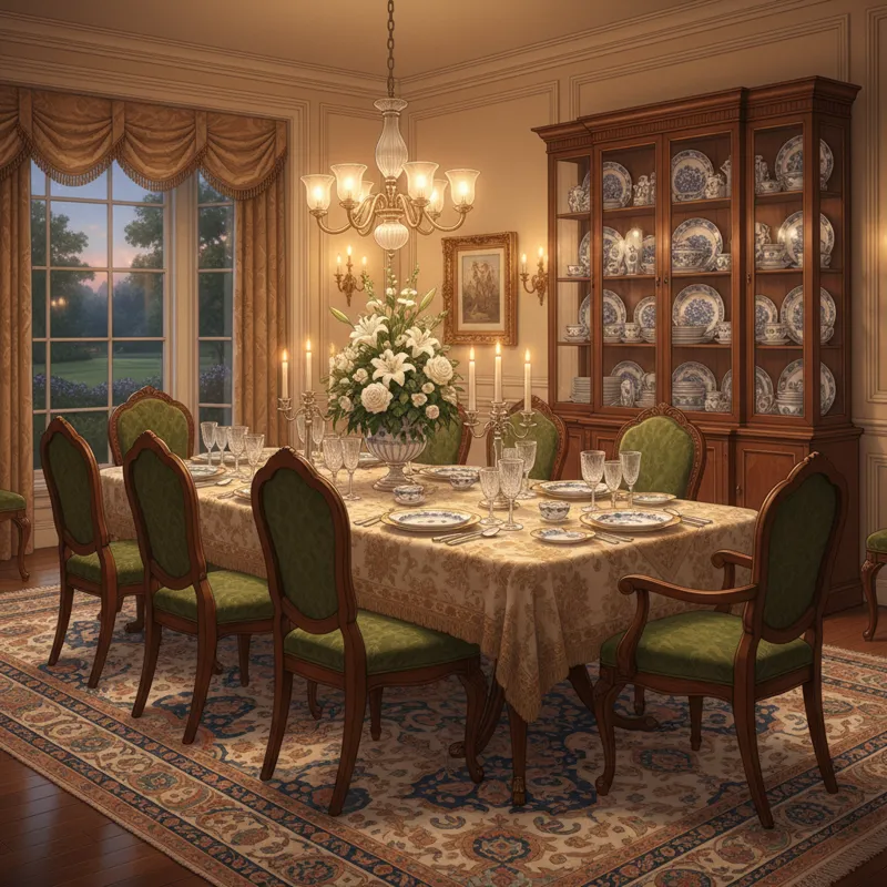 A beautifully set formal dining room featuring a classic wooden dining table, upholstered chairs, and a grand china cabinet filled with elegant porcel