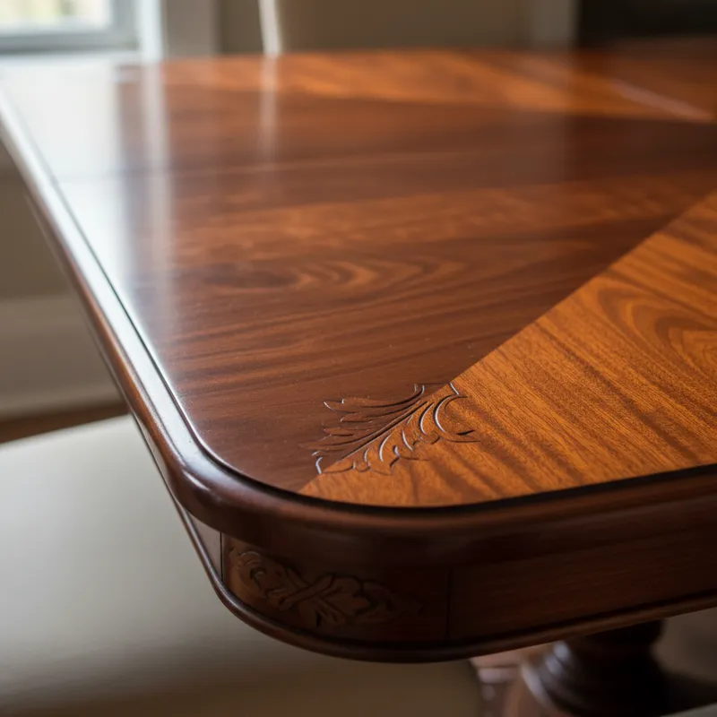 A close-up shot of a finely crafted mahogany dining table surface, showing intricate wood grain, a deep, lustrous finish, and subtle decorative carvin