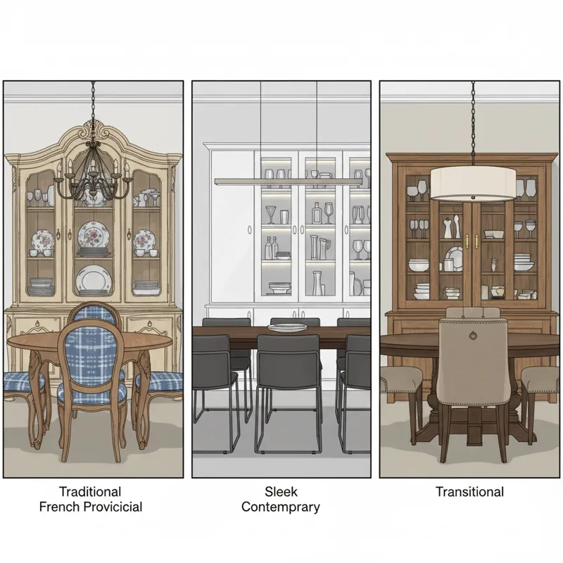 A side-by-side comparison image displaying three distinct dining room styles: one traditional French Provincial, one sleek contemporary, and one trans