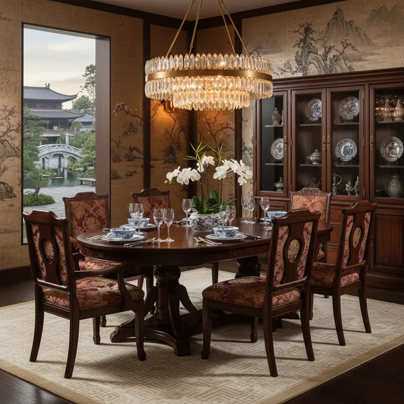 Elegant china dining room set featuring a large wooden dining table, upholstered chairs, and a matching china cabinet displaying fine dinnerware.