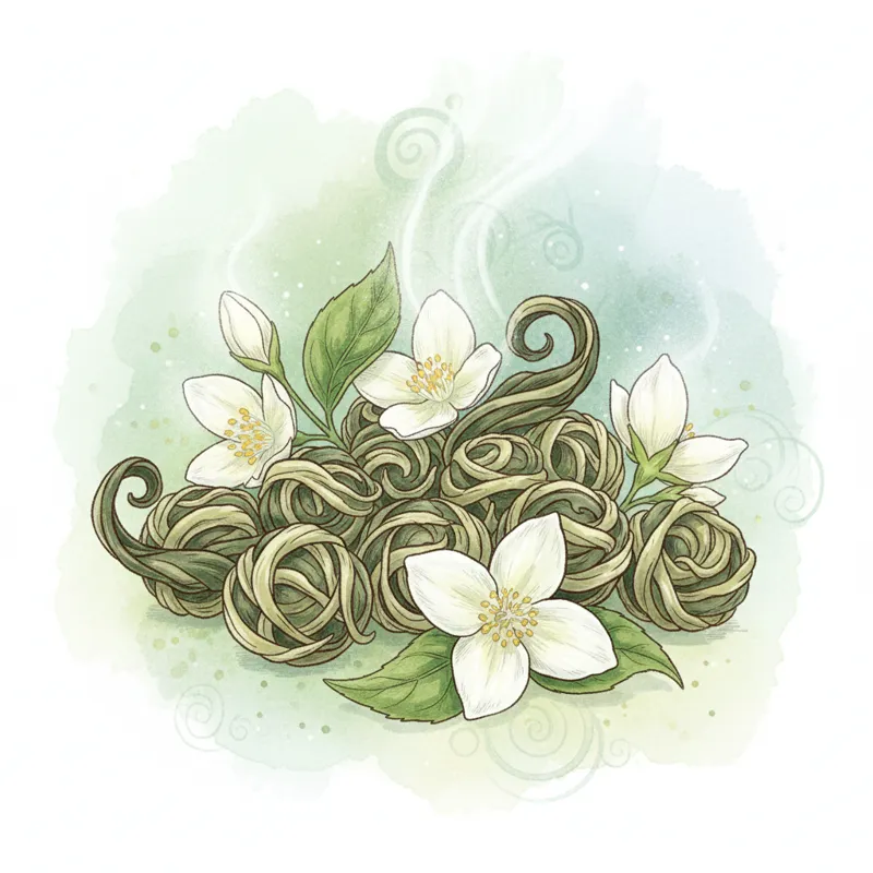 A close-up of jasmine tea pearls, some unfurling, with a few fresh jasmine blossoms alongside, illustrating aromatic complexity.