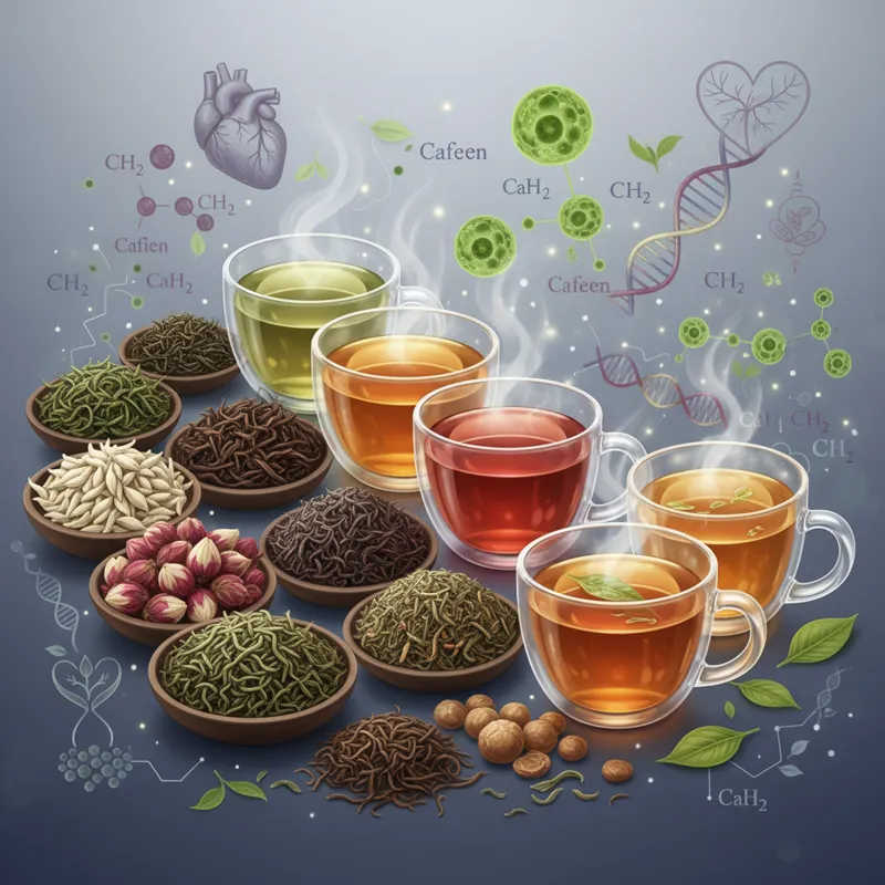 A stylized image showing different types of Chinese tea leaves and brewed tea in cups, with subtle background elements hinting at scientific or health