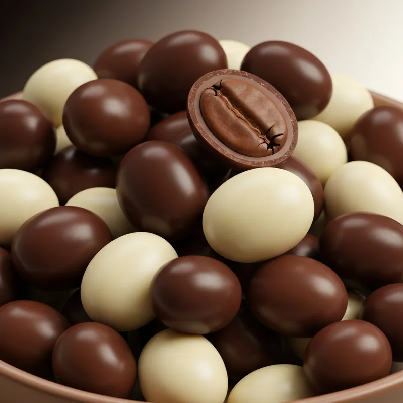 A close-up, macro shot of a bowl filled with a mix of dark, milk, and white chocolate covered coffee beans, showcasing their glossy texture and shape.