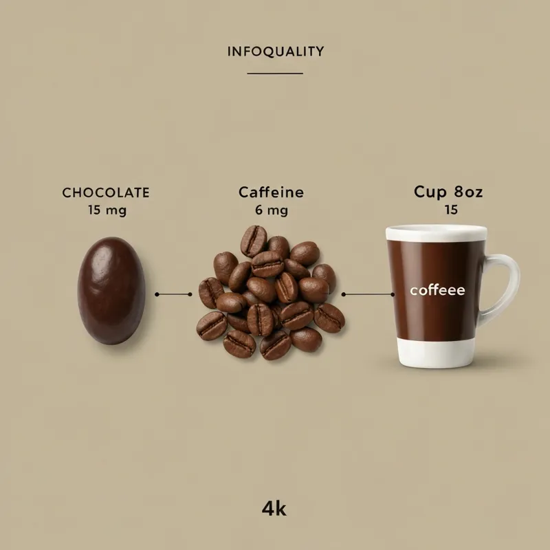 An infographic-style image comparing a single chocolate covered coffee bean next to a small handful of beans and a standard 8oz cup of coffee, with ca