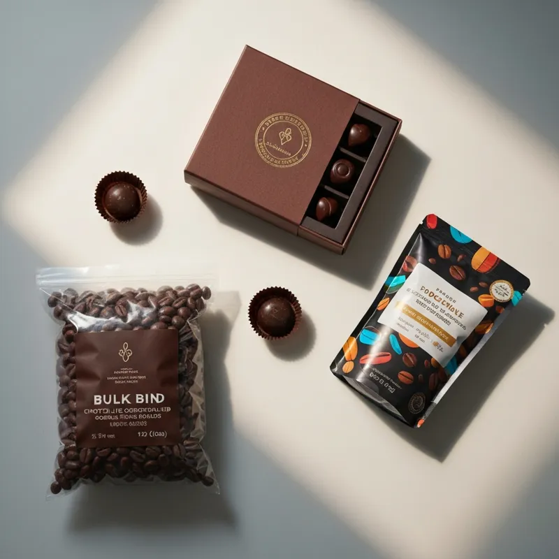 A stylish flat lay of three different packages of chocolate covered coffee beans. One is a clear bag from a bulk bin, another is a high-end artisanal