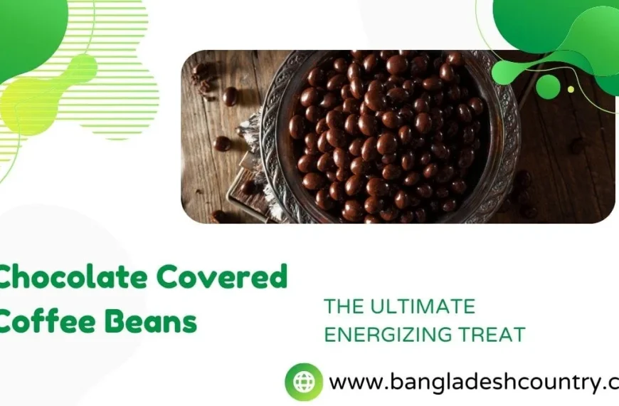 A promotional graphic for chocolate-covered coffee beans, showing a dark decorative bowl filled with the glossy treats on a rustic wooden table. The text reads, 'Chocolate Covered Coffee Beans, The Ultimate Energizing Treat'.
