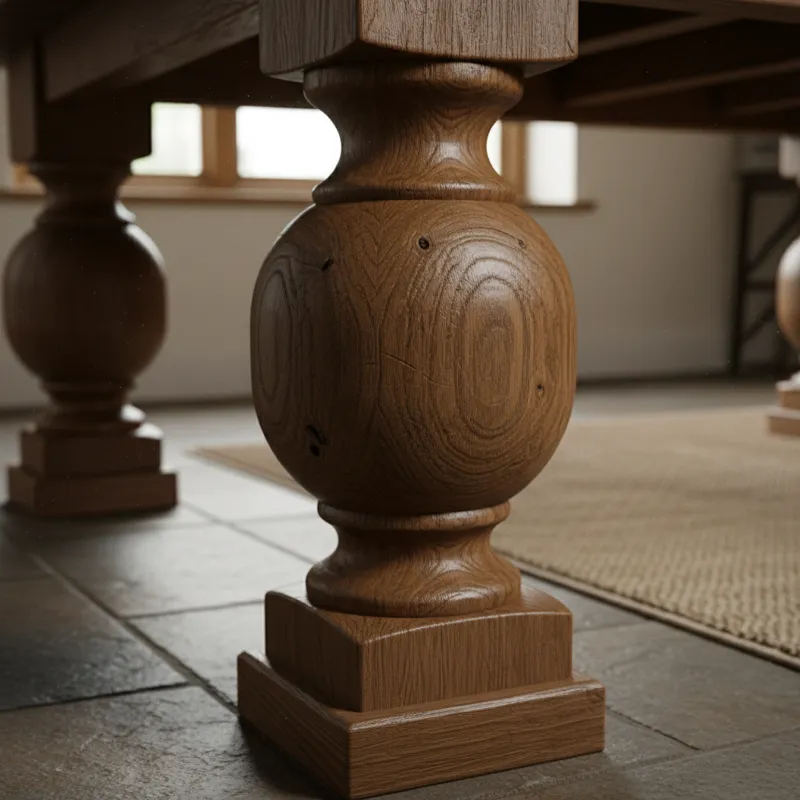 A close-up shot of a sturdy, thick dining table leg made of solid wood, showing grain and robust construction.